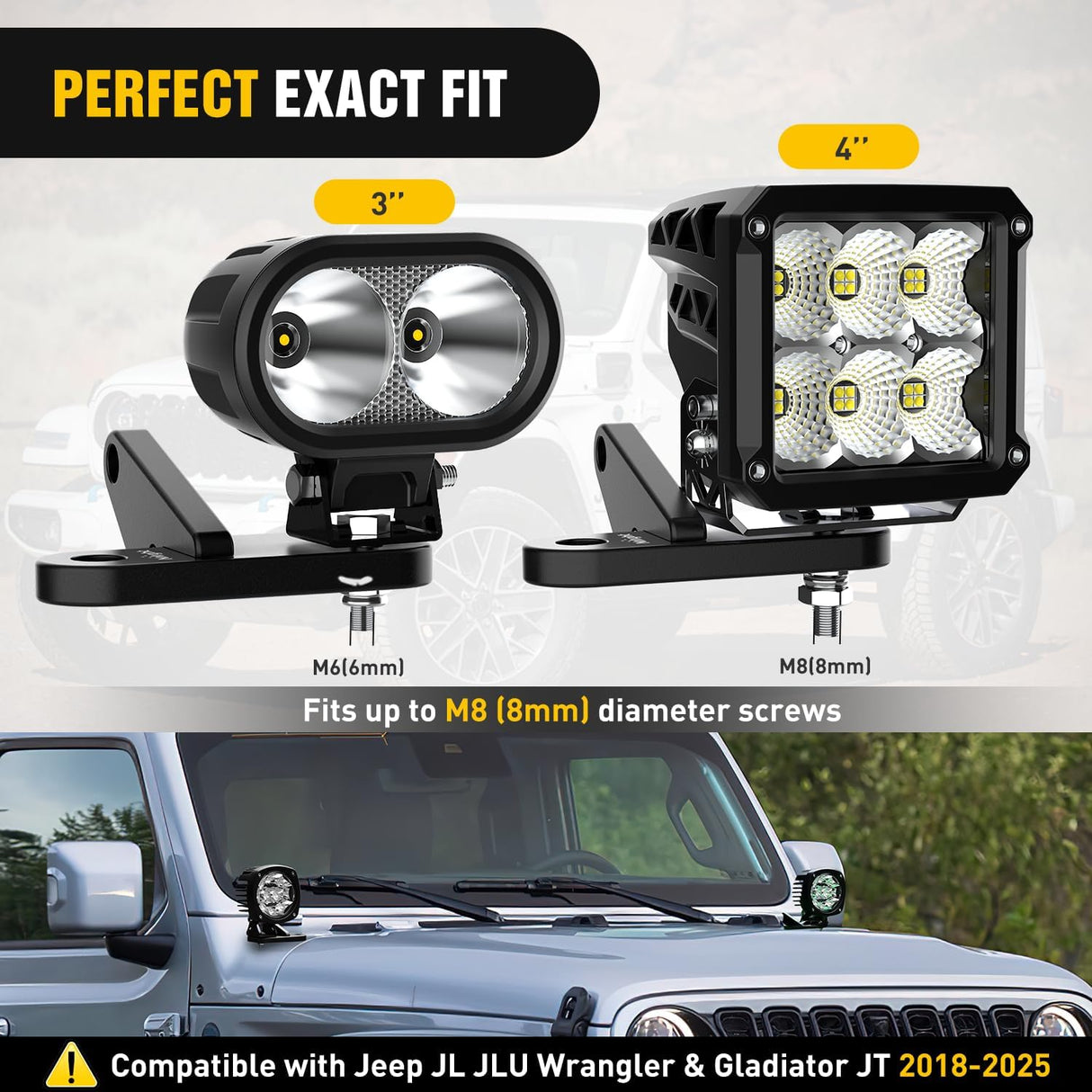 Light Mounting Bracket Hood Cowl Mount Brackets for Front A-Pillar Auxiliary Offroad LED Work Pods Lights on Jeep Wrangler JL JLU Gladiator JT 2018 2019 2020 2021 2022 2023 2024 2025, Black