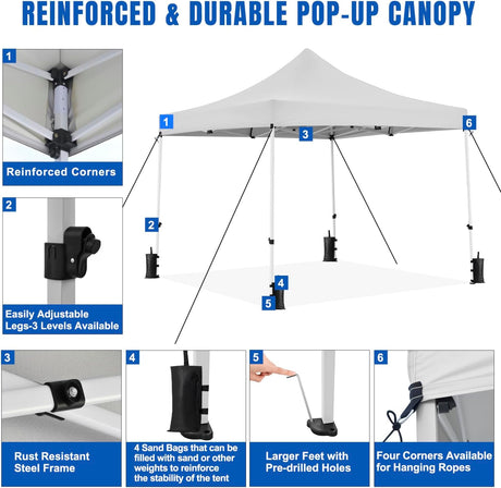 10x10 Pop Up Canopy Tent with 4 Sidewalls Portable Folding Outdoor Canopy Easy Setup Gazebo Waterproof Instant Popup Shelter Tent w Wheel Carry Bag sandbags for Events Parties Camping, White