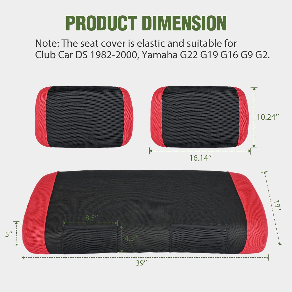 Golf Cart Front Seat Cover 1PC Red Black Club Car DS Yamaha | Breathable Sandwich Mesh Sun Scratch Resistant Washable No Staple Fits 1982-2000 Club Car DS and Yamaha G22 G19 G16 G9 G2