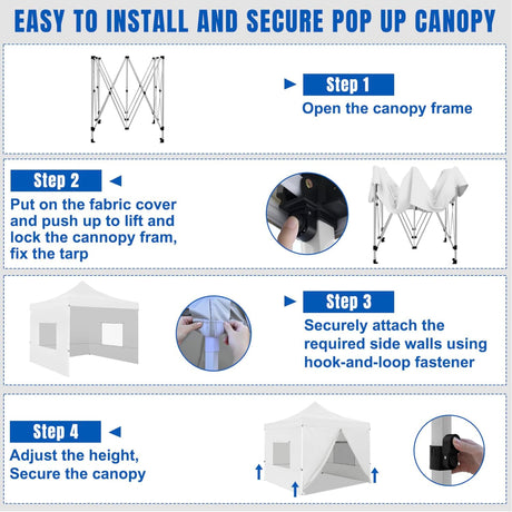 10x10 Pop Up Canopy Tent with 4 Sidewalls Portable Folding Outdoor Canopy Easy Setup Gazebo Waterproof Instant Popup Shelter Tent w Wheel Carry Bag sandbags for Events Parties Camping, White