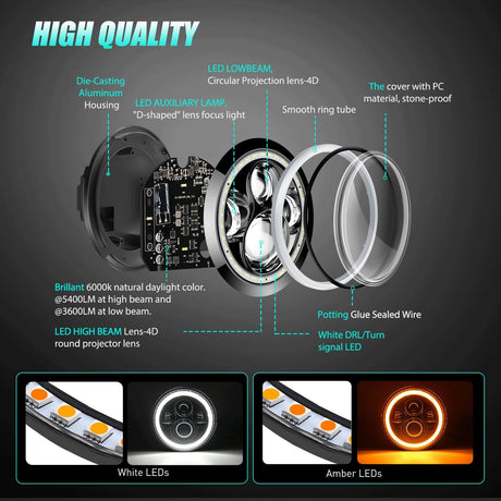7 Inch Round LED Halo Headlights and 4 IN Fog Lights w/Turn Signal Amber White DRL High Low Beam Compatible with 2007 2008 2009 2010 2011 2012 2013 2014 2015 2016 2017 2018 Wrangler JK JKU