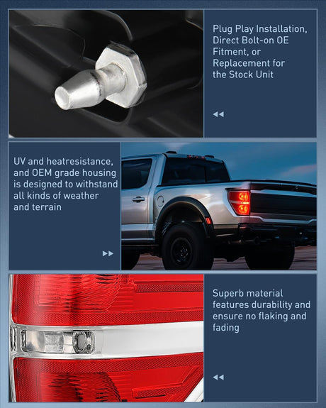 Taillight Assembly Compatible with 2009 2010 2011 2012 2013 2014 Ford F-150 F150 Pickup Truck Taillight Rear Lamp Replacement OE Style Red Housing Passenger side Chrome Trim