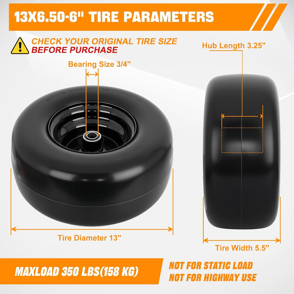 13x6.50-6 Solid Lawn Mower Tires, 13 Inch Flat-Free Polyurethane Tire with 3/4 Inch Axle Bore & 3.25 Inch Hub Length, Airless Replacement Wheels for Riding Lawn Mowers, 2 Pack