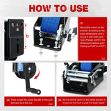 Boat Trailer Winch 3500 LBS Hand Crank Winch Heavy Duty Boat Winches with 33 FT Blue Strap Rope Hook Two Way Ratchet 4:1 8:1 Gear Portable Marine Manual Winch for Trailers Boat RV ATV Towing