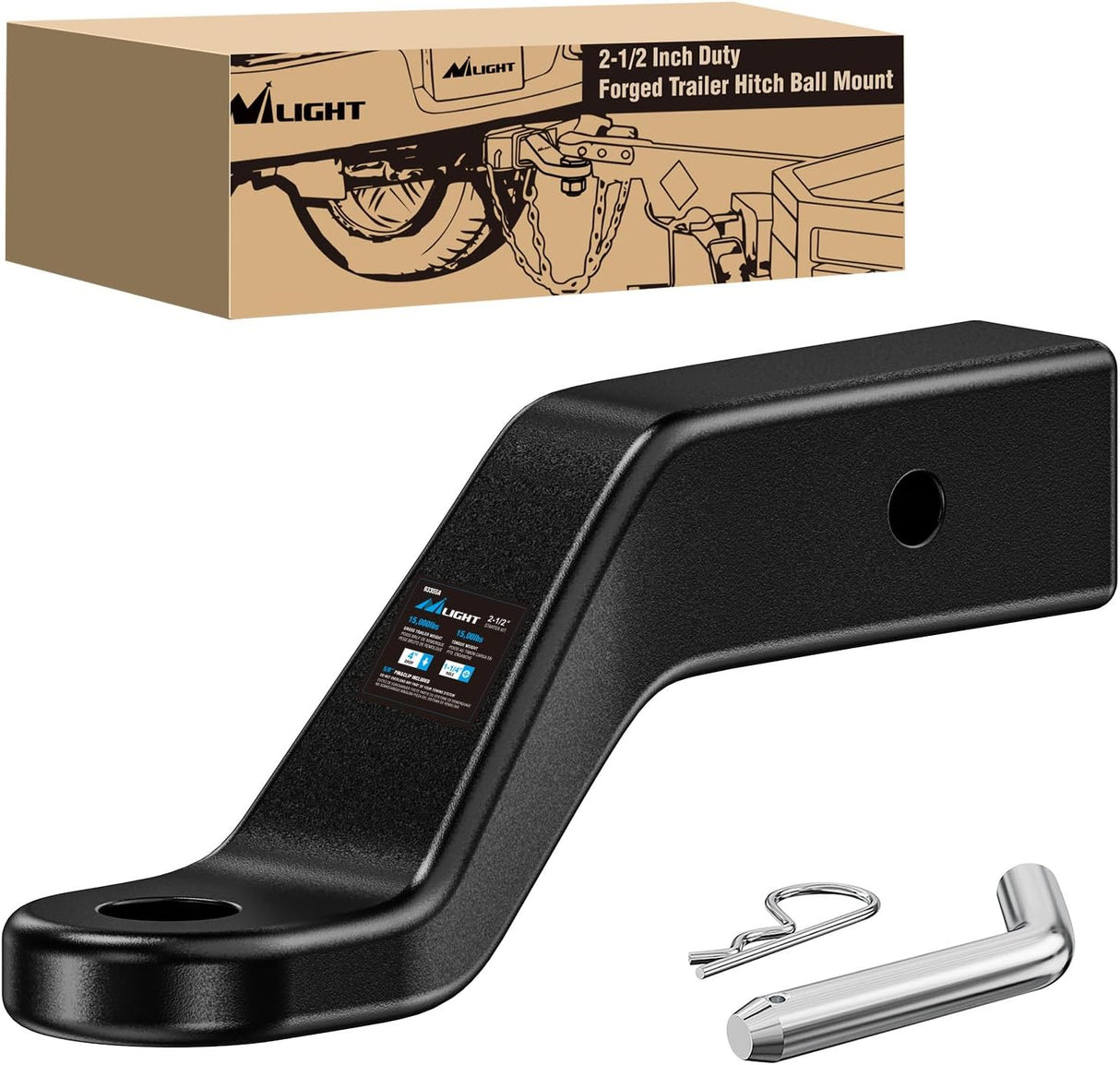 Trailer Hitch Ball Mount Fits 2-1/2 Inch Receiver Square | with 5/8 Inch Hitch Pin Clip 15000 lbs 4 Inch Drop, 2-1/2 Inch Rise, 1-1/4-Inch Hole, Gloss Black Powder Coat