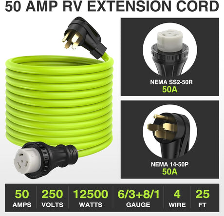 25FT 50 Amp RV Locking Extension Cord 250V Heavy Duty 6/3+8/1 Gauge Pure Copper STW Wire UL ETL Listed 4 Prong 14-50P SS2-50R Weatherproof Suit for Camper Caravan Trailer Bright Green