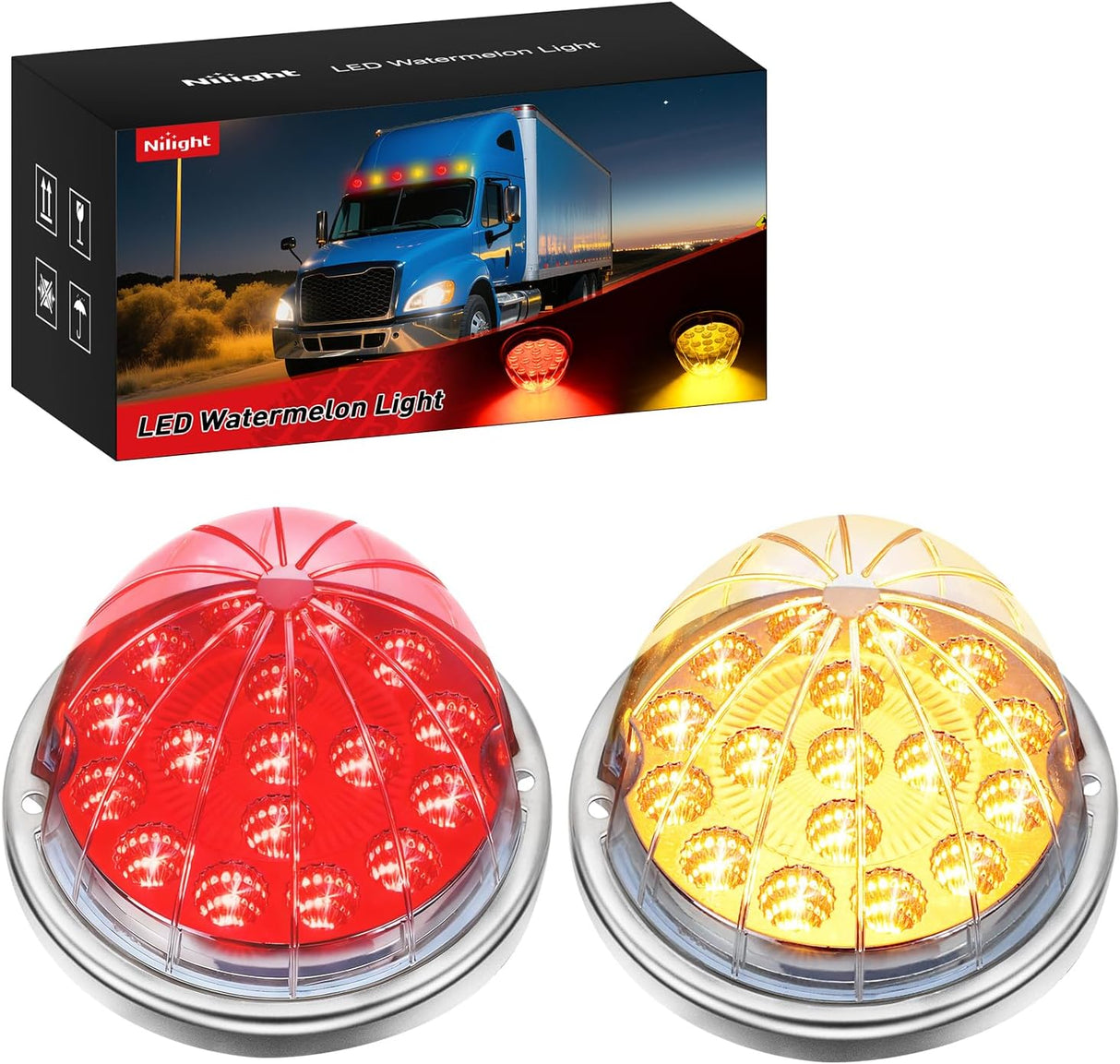 Watermelon Light 17 LED Dual Color 2PCS Stainless Steel Bezel Red to Amber Side Marker Clearance Turn Signal Lights 4 Plug IP68 Waterproof for Trailer Truck Pickup Camper RV ATV UTV Boat