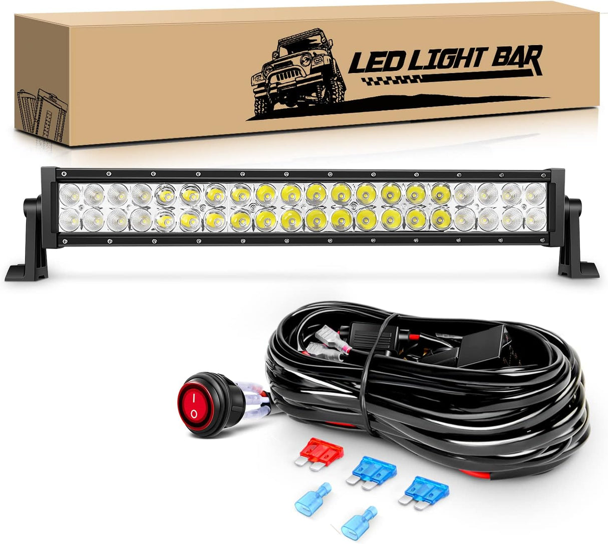 22 Inch 120W Spot Flood Combo Off Road Led Light Bar Work Light Driving Lamp with 16 AWG Wiring Harness Kit for Truck Jeep ATV SUV, White (Auto-701)