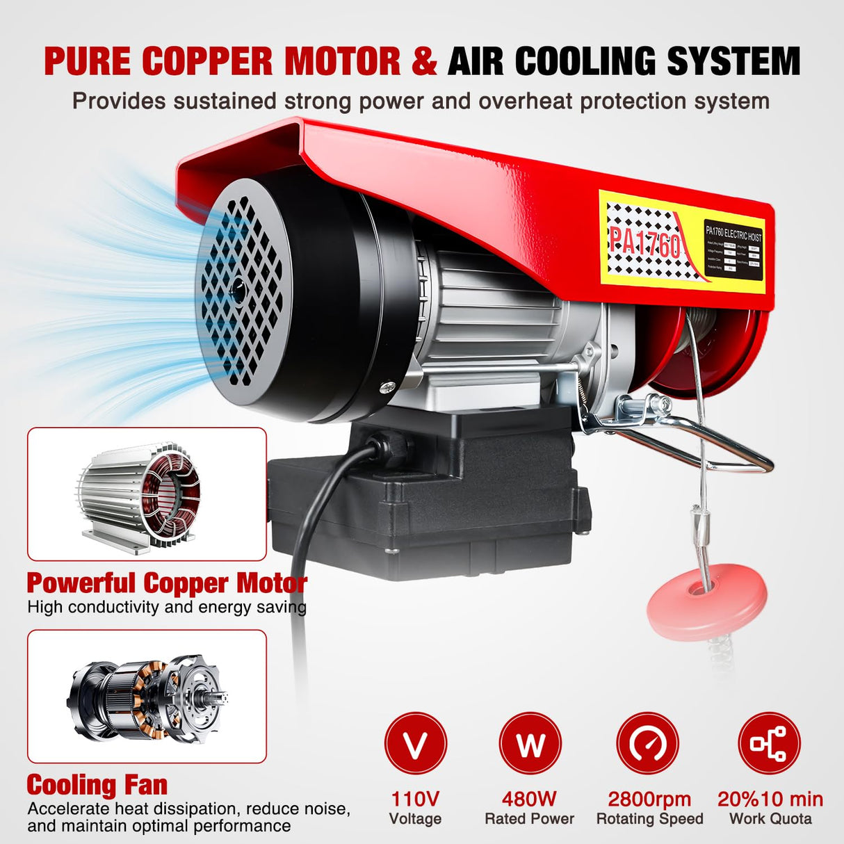 1760LBS Electric Hoist 110V Electric Hoist Winch with Wireless Remote Control, Single/Double Slings 39FT Lifting Height Material Handling Tool for Garage Warehouses Factory Attic Ceiling Crane
