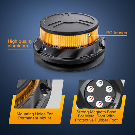 Amber Beacon Light 12V-24V Aluminum Base Flashing Safety Warning Lights Permanent & Magnet Mount LED Emergency Rotating Strobe Light for Forklift Truck Tractor UTV Snow Plow, 2 Years Warranty