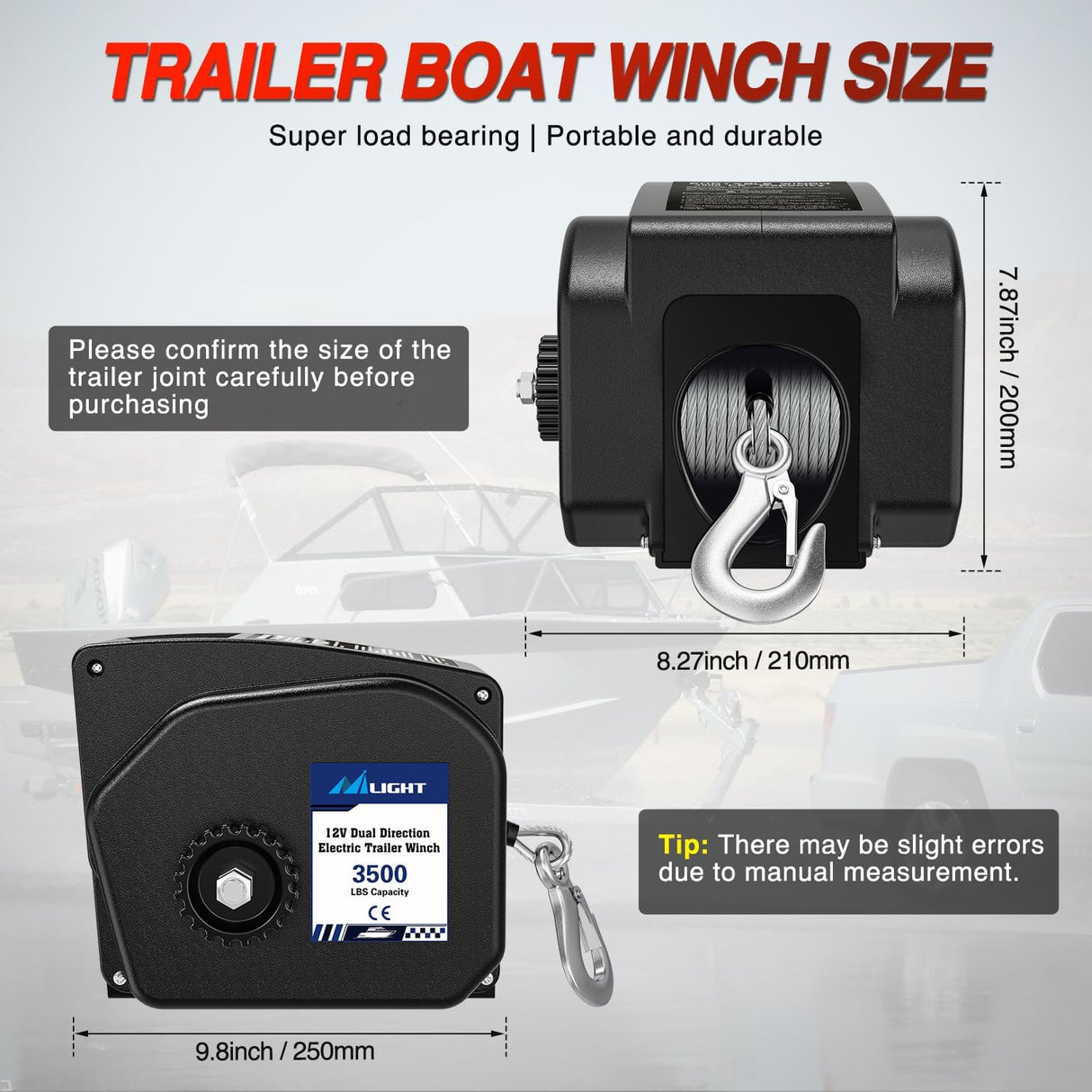Boat Trailer Winch 3500 lbs Portable Electric Boat Winches 12 V DC Marine Winch with Remote Control and Hand Crank Power-in Freewheel Operation Waterproof Reversible Winch for Boat Trailer