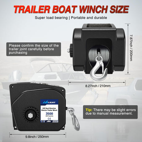 Boat Trailer Winch 3500 lbs Portable Electric Boat Winches 12 V DC Marine Winch with Remote Control and Hand Crank Power-in Freewheel Operation Waterproof Reversible Winch for Boat Trailer
