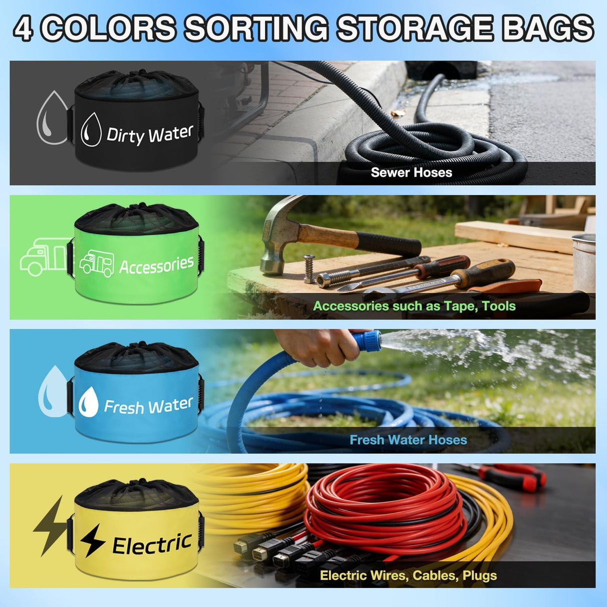 4 Pack RV Hose Storage Bag, Waterproof Utility Bag with Drawstring Mesh Top RV Storage and Organization Bags Container for Sewer, Fresh Water Hoses Electrical Cords Camper Tools Accessories
