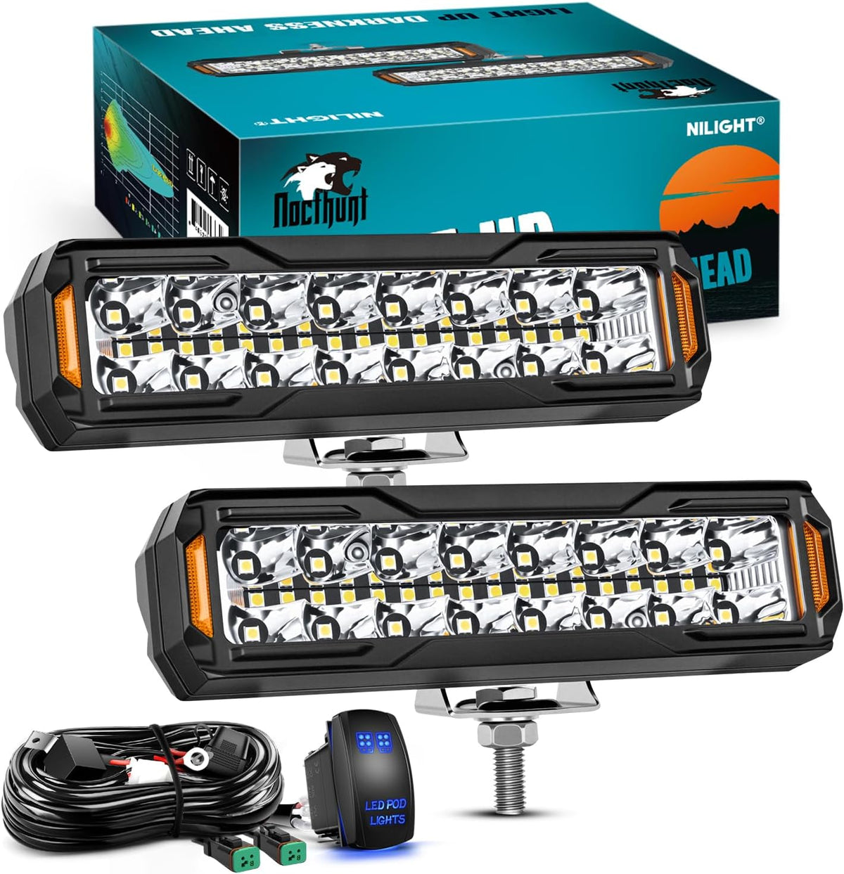 6 Inch LED Light Bar 2PCS 50W Spot Flood Combo Lamps | Off Road Driving Work Fog Lights IP67 Waterproof with 18AWG Rocker Switch Wiring Harness Kit for Truck Pickup SUV ATV UTV