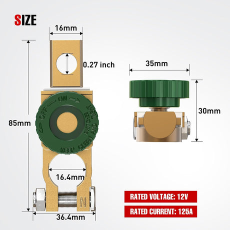 Top Post Battery Switch Heavy Duty 12DVC 125A Negative Kill Power Master Cut Off Isolator with Green Knob Quick Disconnect for Car Auto Truck Boat RV ATV