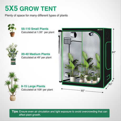 5x5 Grow Tent 60 Inchx60 Inchx80 Inch High Reflective Mylar Large Indoor Growing Tents 600D Oxford Cloth with Observation Window and Removable Floor Tray for Hydroponics Indoor Plants Fruit Flower Growing