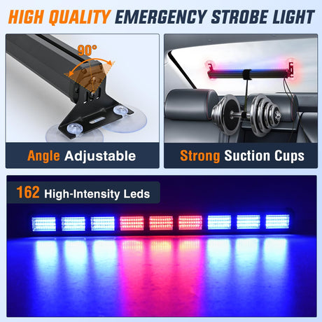 162 LED Traffic Advisor Strobe Light Bar 2-in-1 Red Blue Emergency Warning Hazard Lights with Controller 4 Switchable Color 36 Flash Pattern for Trucks Cars Tow Plow Construction Vehicles