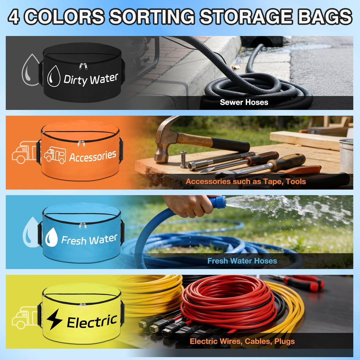 RV Hose Storage Bag 4 Pack Waterproof with Dual Zipper Closure, Handle & Straps RV Sewer Hose Storage and Organization for Sewer, Fresh Water Hoses Electrical Cords Camper Tools Accessories