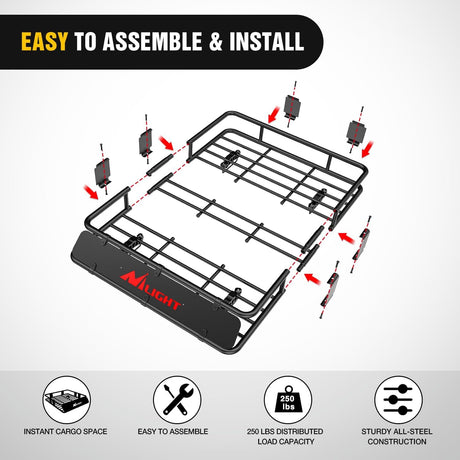 Universal Roof Rack Cargo Basket 43Inch x 39Inch x 6Inch With Cargo Net Ratchet Straps Luggage Holder Nilight
