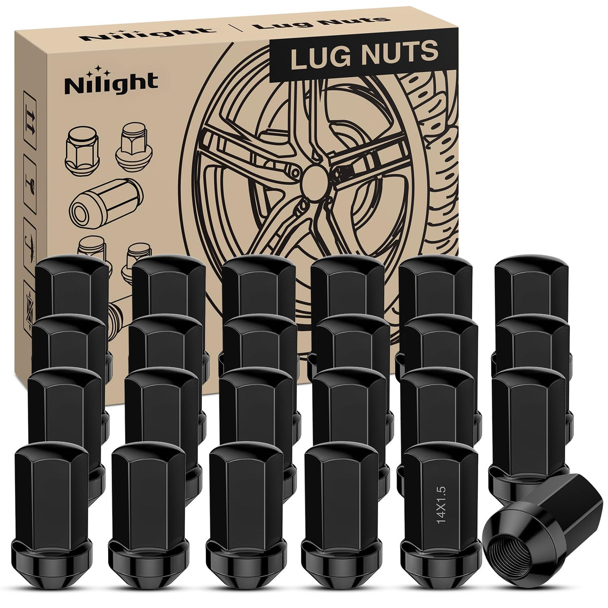 24PCS M14x1.5 Lug Nuts One-Piece Compatible with 2012-2024 RAM 1500 | for 2000-2024+ Suburban/Tahoe/Yukon/Escalade 1999-2025 Silverado/Sierra 1500 Solid Black Steel OEM Factory Wheel Nut Replace