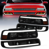 LED DRL Headlight Assembly for 1999 2000 2001 2002 Chevy Silverado 1500 1500HD 2500 2500HD 3500 Chevrolet Tahoe Suburban Replacement Headlamp Smoked Lens Black Housing Amber Bumper Lights Set