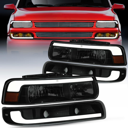 LED DRL Headlight Assembly for 1999 2000 2001 2002 Chevy Silverado 1500 1500HD 2500 2500HD 3500 Chevrolet Tahoe Suburban Replacement Headlamp Smoked Lens Black Housing Amber Bumper Lights Set