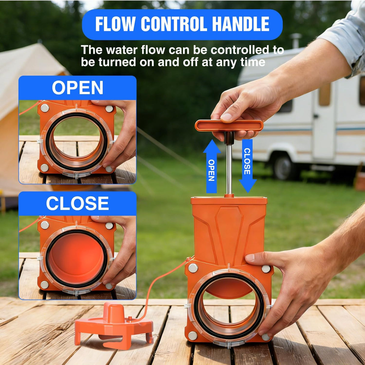 RV Sewer Valve, Camper Black Tank Gate Valve with 4 Bayonet Prongs Clear Adapter Leakproof Cap Double Odor-Tight Sealing Ring Twist On Waste Valve for RV Sewer Hose Fittings Replacement Orange