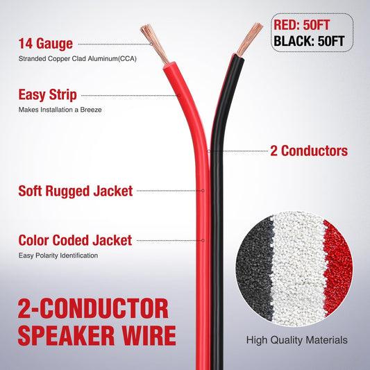 14AWG 50FT Copper Clad Aluminum Wire 14/2 Gauge Red Black CCA Electrical Cable 2 Conductor Parallel 12V/24V DC Flexible Extension Cords Nilight