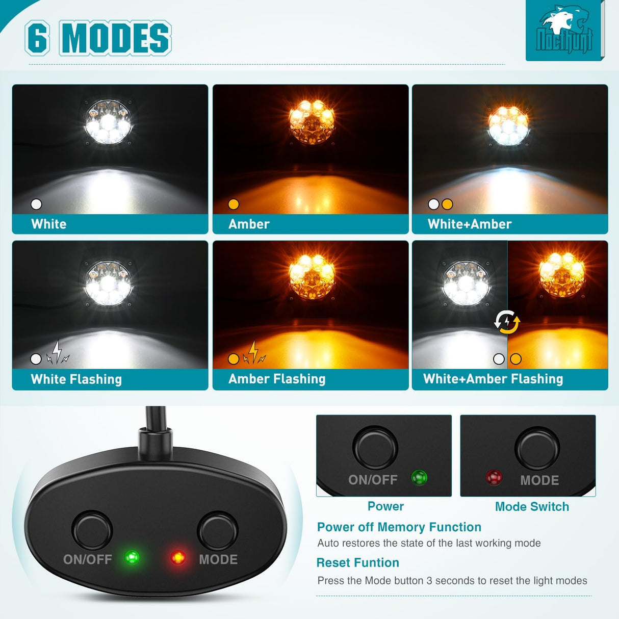 Led Offroad Lights 2PCS 4Inch 9LED Spot Amber White Strobe 6 Modes | Round Driving Light Memory Function with 16AWG Wiring Harness Kit for Truck Pickup SUV ATV UTV Motorcycle 4x4 Car