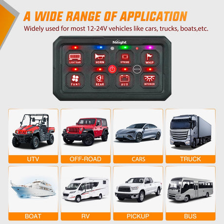 8 Gang Switch Panel Red Circuit Control Relay System with Fuse Wiring Harness Toggle Momentary Strobe Flash Modes Automatic Dimmable ON Off Pod 12V 24V for Car Truck Camper SUV