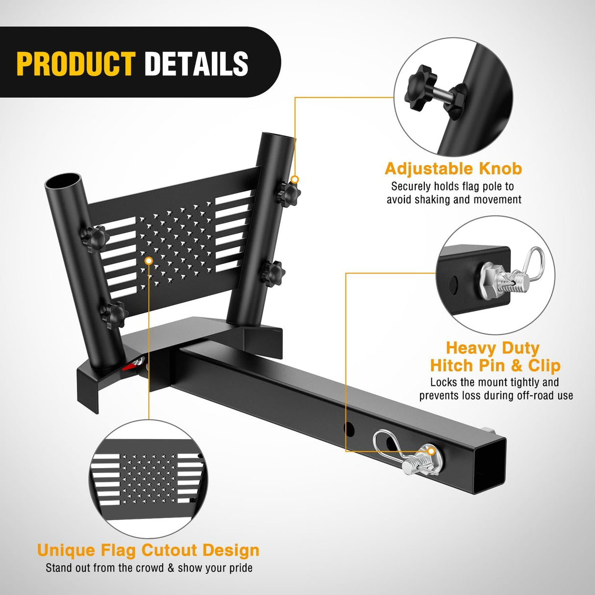 Dual Hitch Mount Flagpole Holder fits 2 Inch Receivers | Heavy Duty Metal Mount Kit Compatible with 0.87 to 1.38 Inch Diameter Flag Tube for Trucks SUV RV Pickup Camper Trailer Jeep