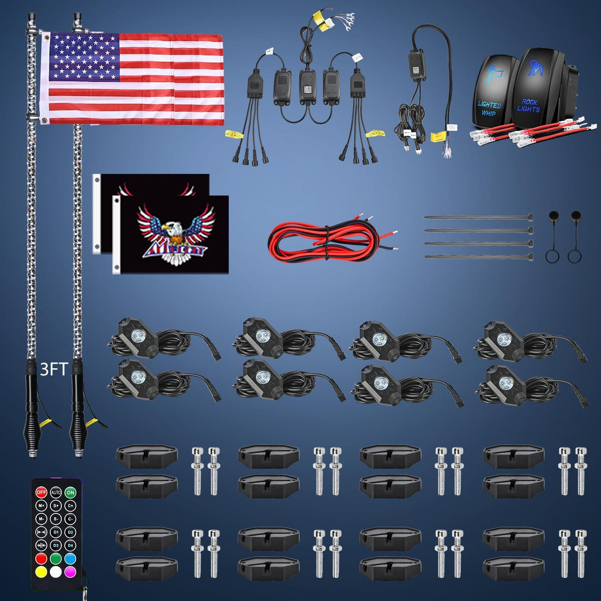 RGB LED Whip Light 2PCS 3FT with 8 Rock Lights Combo | APP and Remote Control with DIY Chasing Patterns Turn Signal Brake Reverse Functions and Spring Base for ATV UTV RZR and Jeep