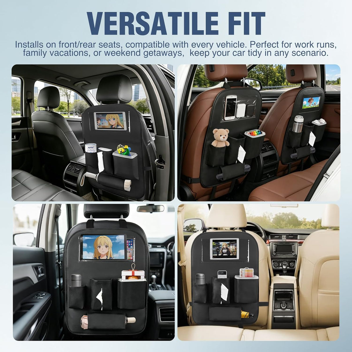 Car Seat Back Organizer 1PC Black PU Leather Universal | Cup Holder Tissue Box Removable Bucket Waterproof Multifunctional Storage Bag for Cars Vans SUVs MPVs Pickup Trucks