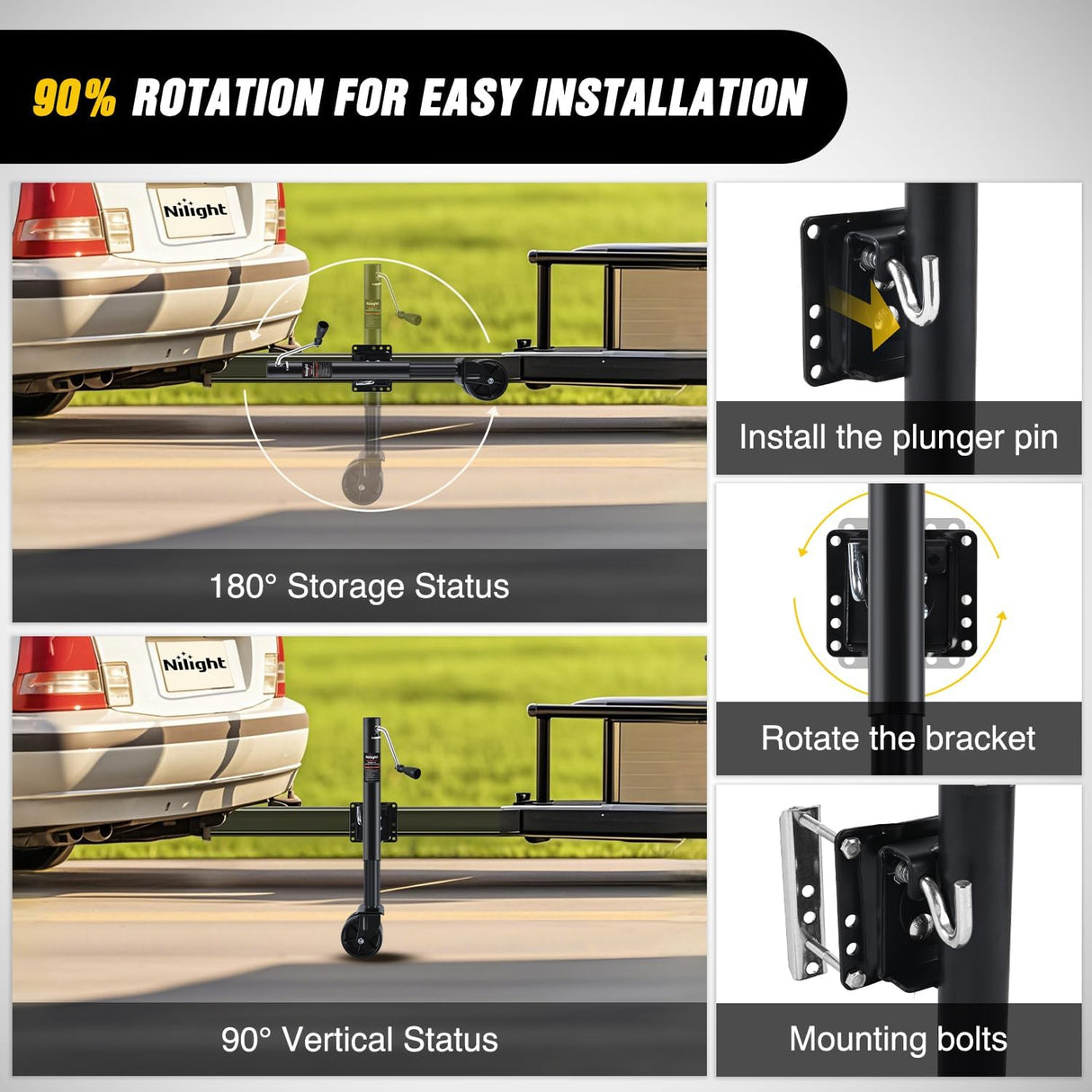 Trailer Jack with Wheel 1500 LBS 12 Inch Vertical Travel Swivel Bolt-on Heavy Duty Trailer Tongue Jacks Wheel Alloy Steel Utility Boat Trailers Stabilizer Jack Stand for Trailers RV Camper Black