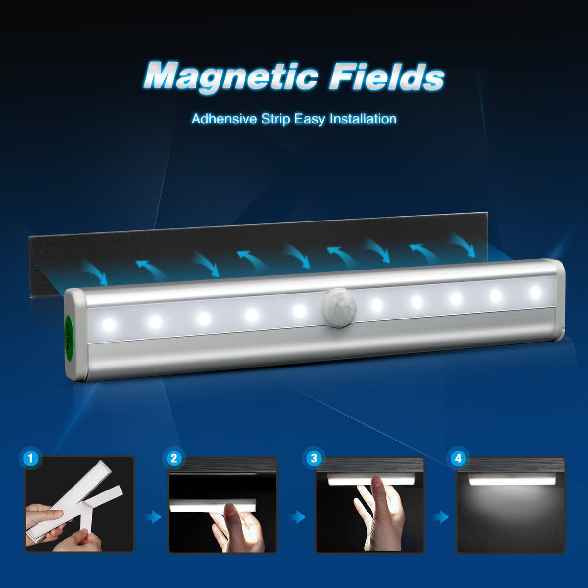 Motion Sensor Closet Lights 3PCS Cabinet Light DIY Stick-on Anywhere Portable 10LED Wireless Cabinet Night/Stairs Light Bar Safe Lights with Magnetic Strip-Cool White, 2 Years Warranty