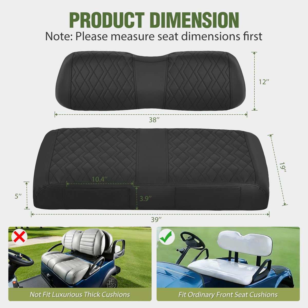 Golf Cart Front Seat Cover 1PC Black Leather Club Car DS | Waterproof Leather No Staple Design All Season Protection Sun Scratch Resistant Cover Fits 2000-2026 Club Car DS