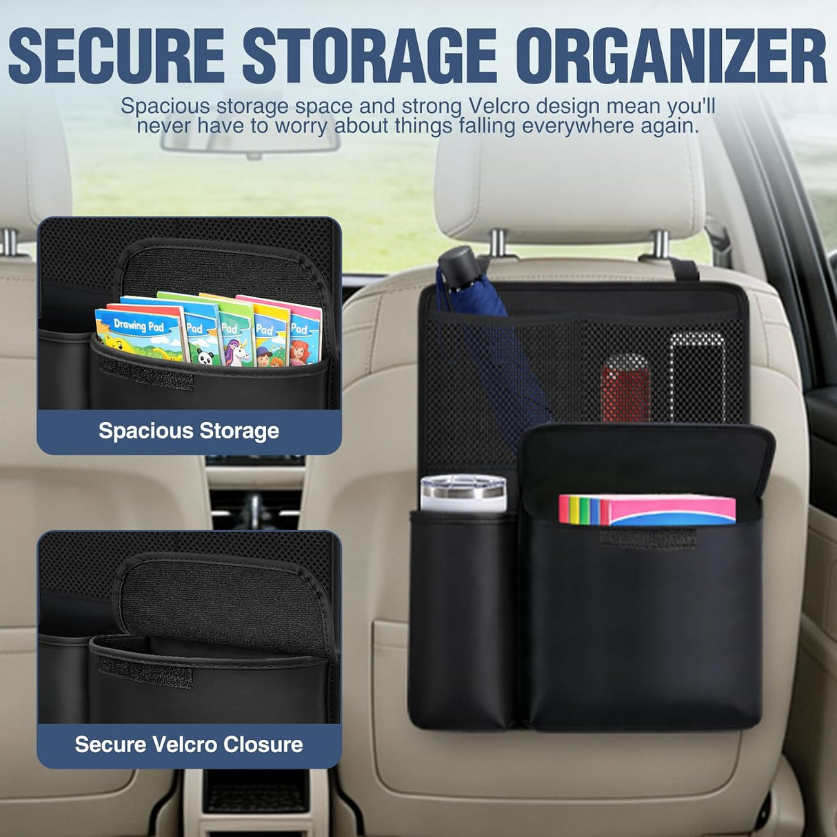 Car Seat Back Organizer 1PC Black PU Leather Universal | Multi Pockets Foldable Waterproof Scratch Resistant Hanging Storage Bag for Cars Vans SUVs MPVs Pickup Trucks