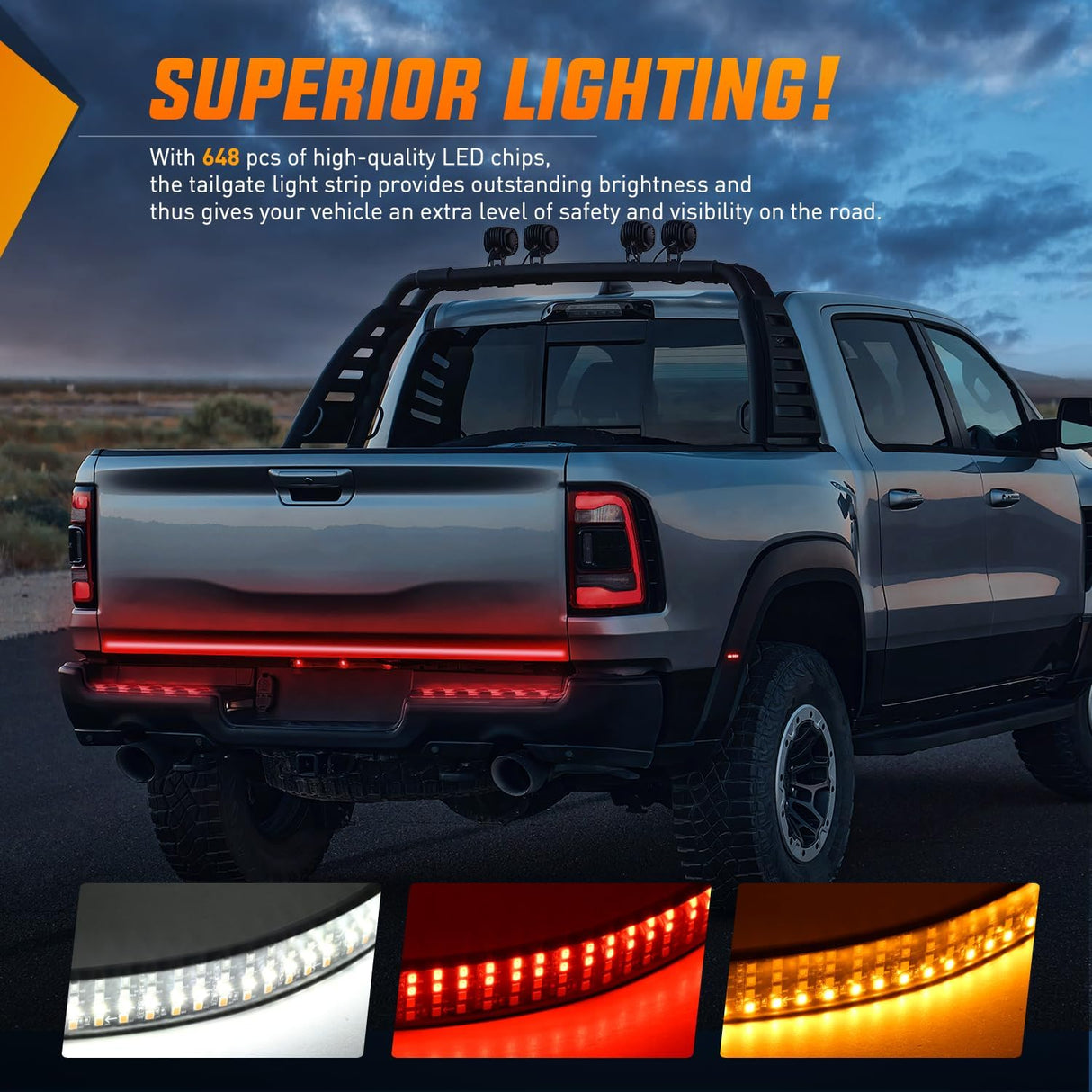 Truck Tailgate Light Strip 60 Inch Quad Row 648 LED Strip with Red Running Brake Lights White Reverse Lamp Amber Turn Signals