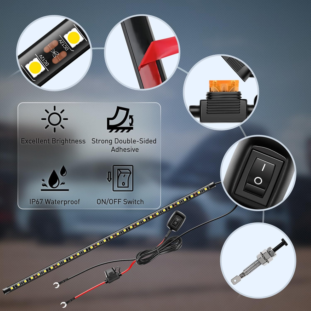 Under Hood Light Strip 30LED Waterproof Underhood Work Light with On/Off Switch Blade Fuse Engine Bay Repair Light White 12V for Car Truck SUV
