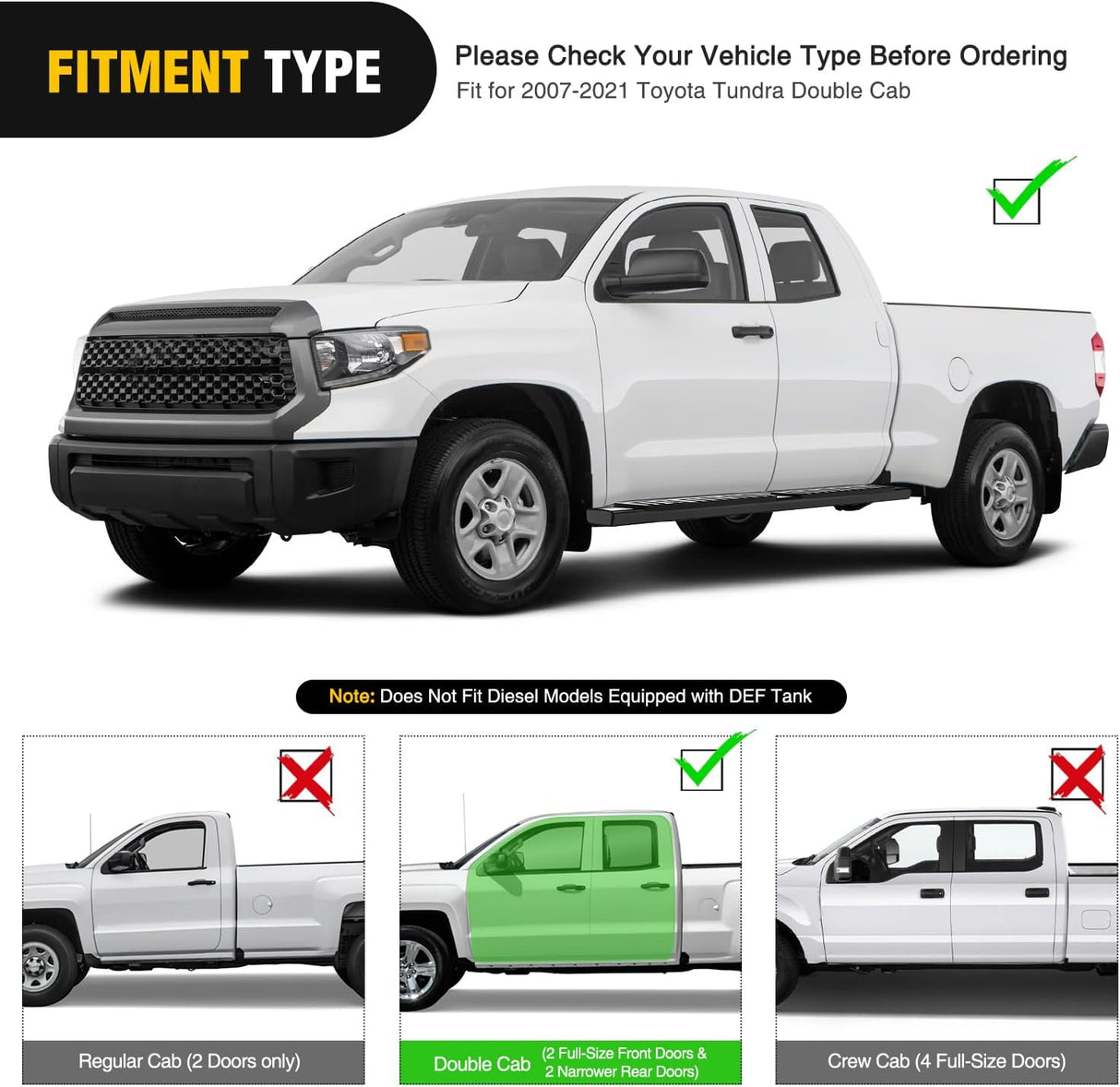 Running Boards for 2007-2021 Toyota Tundra Double Cab 2 Full-Size Door & 2 Half-Size Door 6 Inch Side Step Nerf Bars Stainless Steel Black