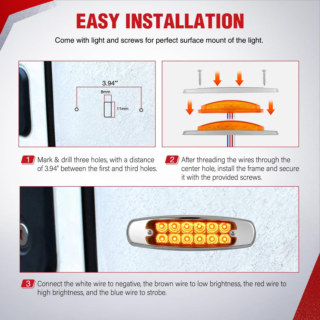 6.3 Inch Amber Rectangle Side Marker Light with High Low Strobe | 12 LED IP67 Waterproof Chrome Bezel 12V Surface Mount Marker & Clearance Light Fits Pickup Trucks Trailers RVs Boats,20 Pack