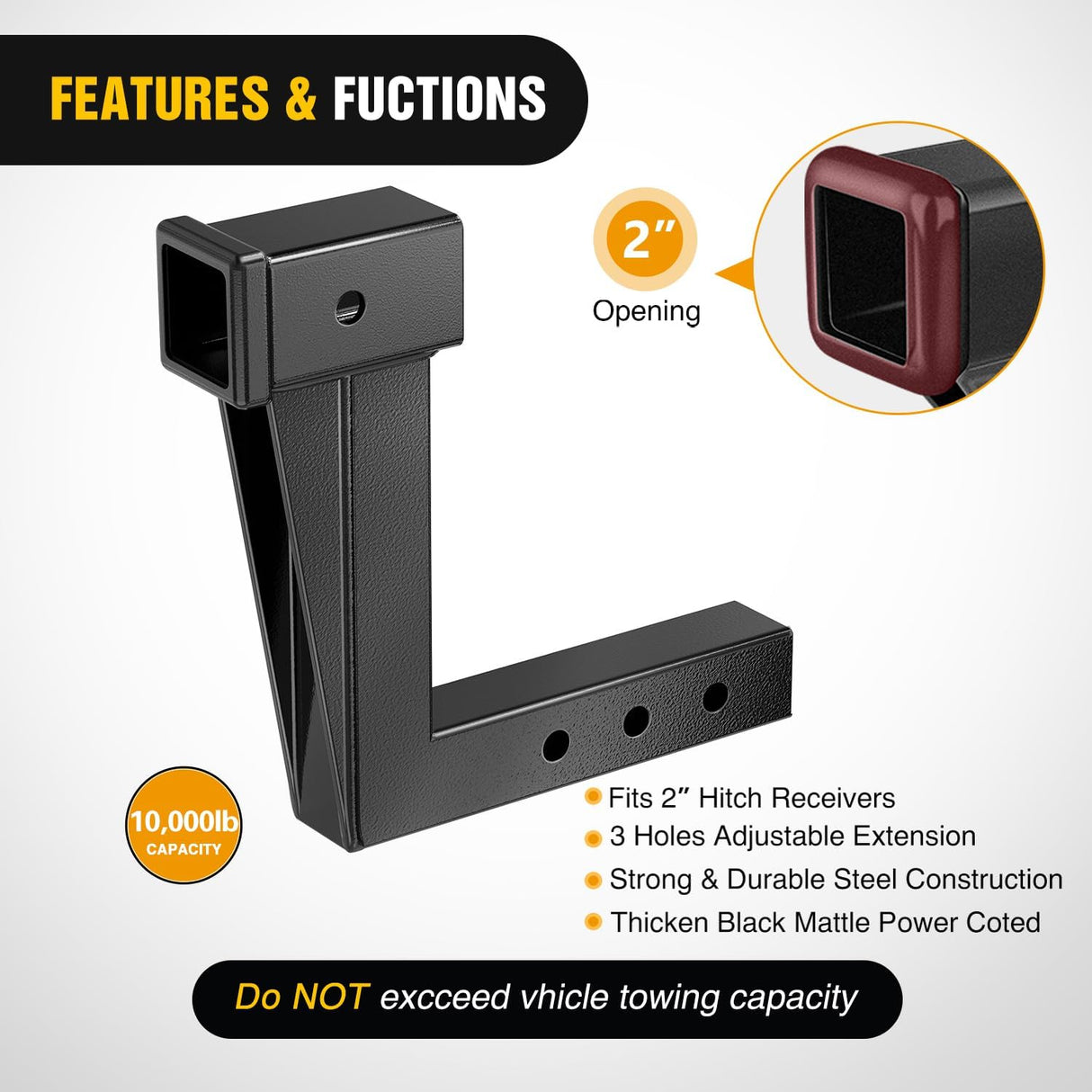 Trailer Hitch Extension Riser for 2 Inch Receiver with 10 Inch Rise Drop with Bolt Nut Clip 10,000 lbs Capacity Adjustable Extend 4.7 Inch 6.7 Inch 8.6 Inch Length Black Coated for Class I-VI Receivers