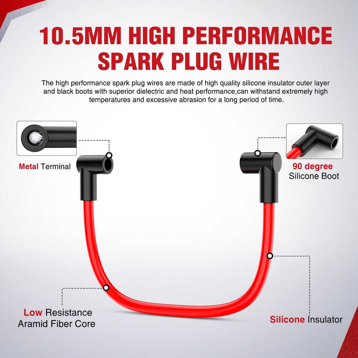 Spark Plug Wire 10.5 mm 90 Degree Boots High Performance Ignition Wire Compatible with Chevy SBC BBC 305 350 454 Electronic V8 Engine with HEI Distributor