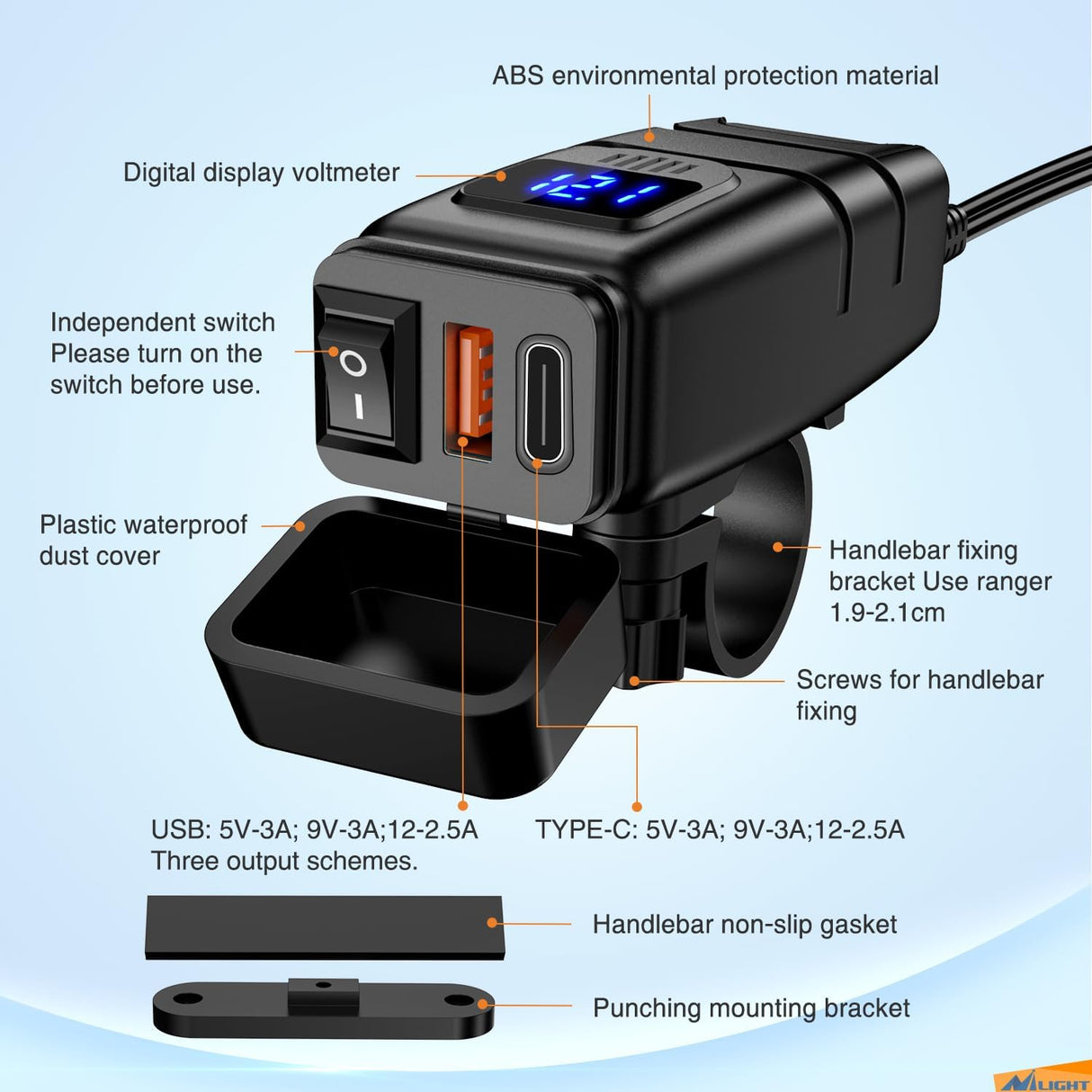 Motorcycle Charger USB Type C 12V Voltmeter On Off Switch Nilight