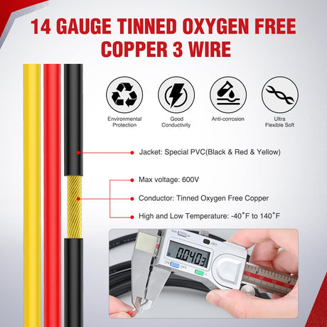 30FT 14AWG 3 Conductor Electrical Wire Tinned Oxygen Free Copper Red Black Yellow 3 Wires Parallel 600V DC Flexible PVC Case Extension Cords for LED Strips Lamps Lighting