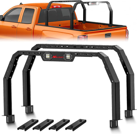Adjustable 27-30 Inch High Truck Ladder Bed Rack Compatible with Tacoma/Tundra/Ram 1500/ Silverado/Sierra 1500/ F150/ Gladiator JT/Titan/Frontier/Colorado/Canyon/Ranger with 2 LED Lights