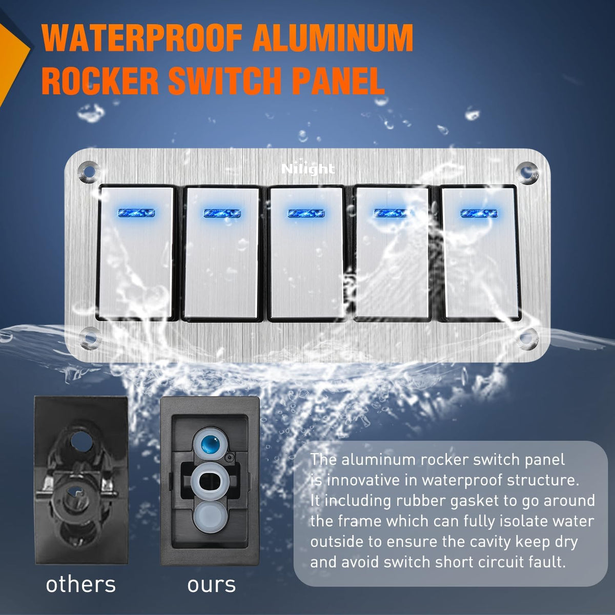 5Gang Aluminum 3Pin ON/Off Blue Led Rocker Switch Panel – Nilight