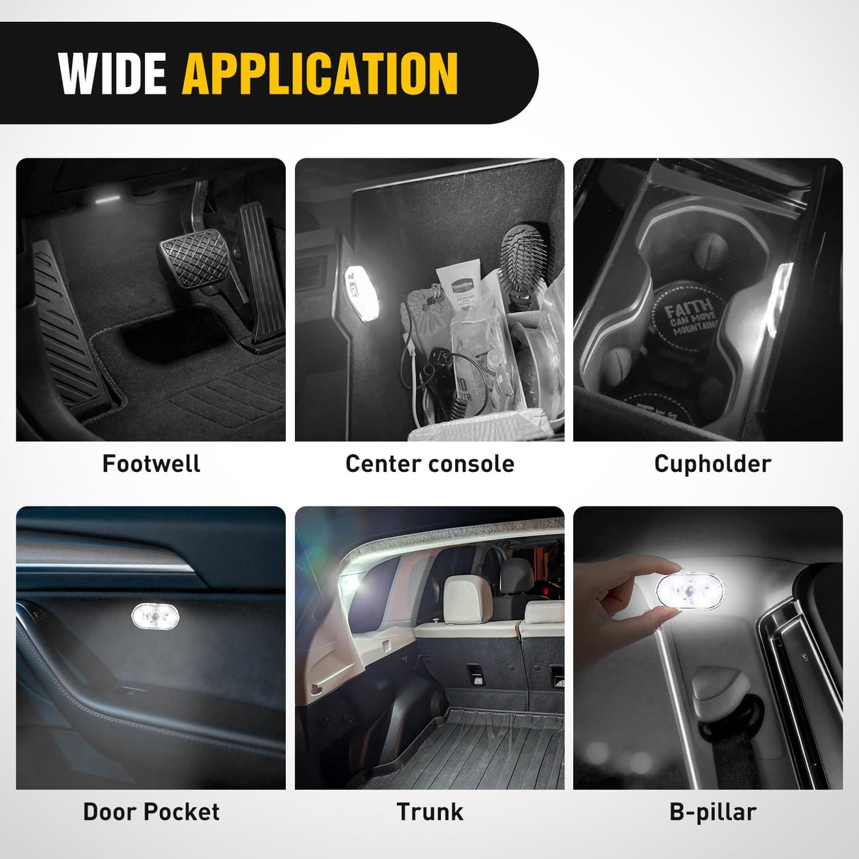 2 PCS White Color Wireless Magnetic LED Interior Lights | USB Rechargeable Universal Mini Sticky Footwell Ambient Atmosphere Reading Lamp with Touch Sensor, Portable Night Lighting