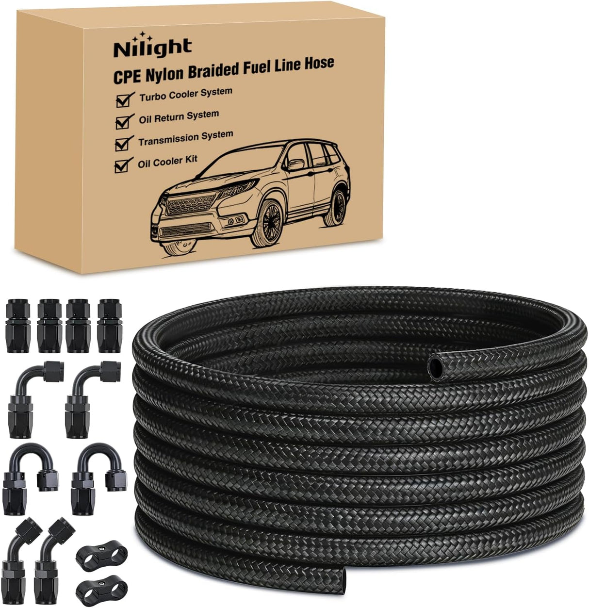 6AN 20FT CPE Fuel Hose Kit with 12PCS AN6 Fittings&Hose Separators | CPE Nylon Stainless Steel Braided Oil Gas Diesel Fuel Hose End Fitting Kit for Transmission Oil Cooler Vacuum Lines