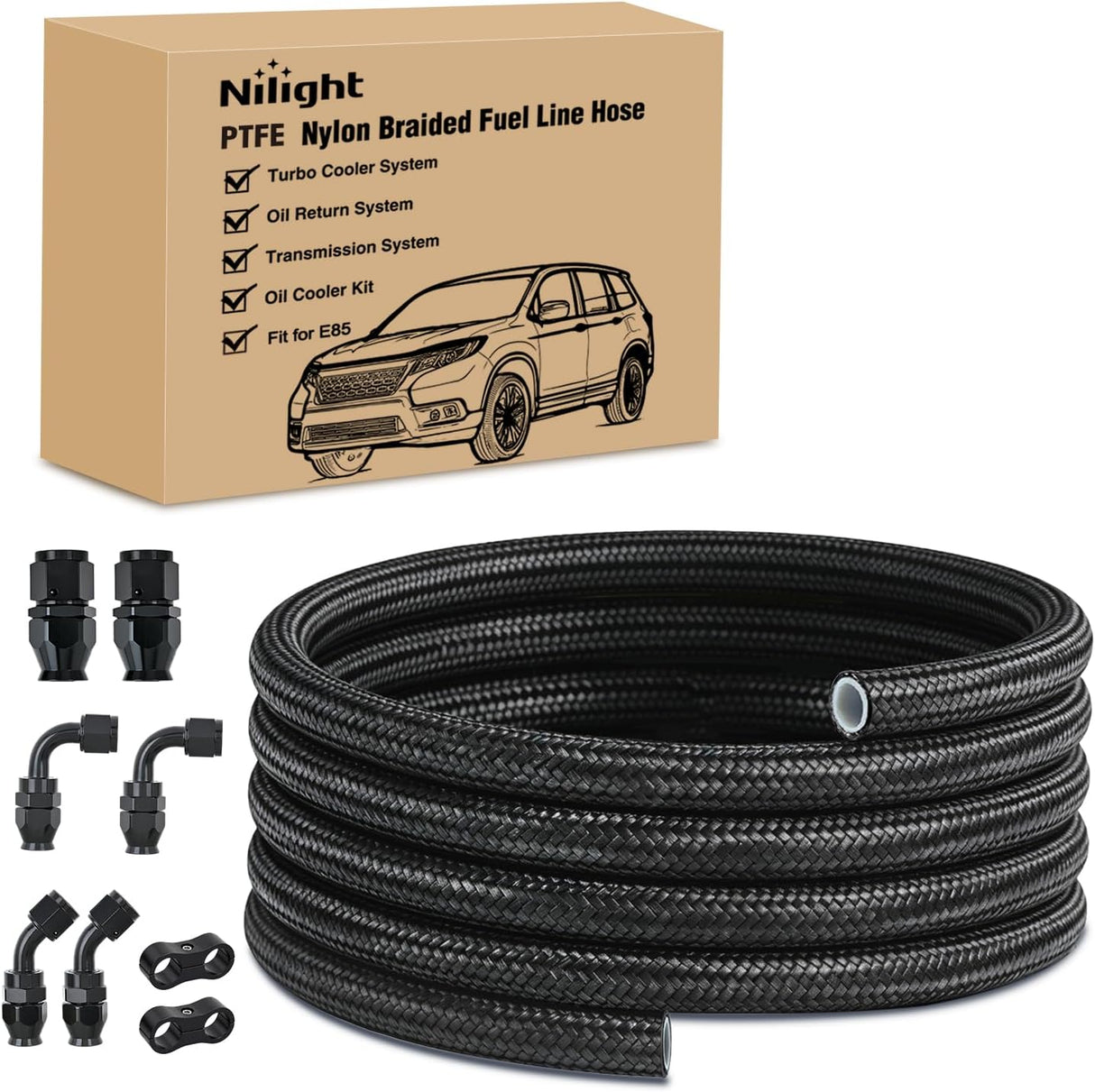 10AN 10FT PTFE Fuel Hose Kit with 8PCS AN10 Fitting&Hose Separator | Fit E85 Nylon Stainless Steel Braided Fuel Hose Universal for Automotive Racing Engines